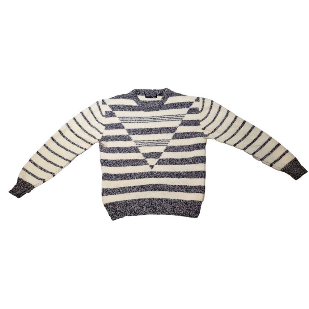 True VTG 80s Peter England Virgin Wool Sweater Mens L Gray Ivory Knit